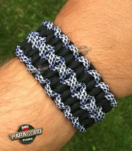 Bransoleta z Paracordu typ "X-Cobra" na klamrze z wbudowanym gwizdkiem, krzesiwem i blachą, Kolor "Diamond - Black"