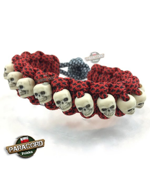 Bransoleta z Paracordu typ "Cobra Globe", z wplecionymi czaszkami, kolor: "Red Diamonds - Crystal Blue"