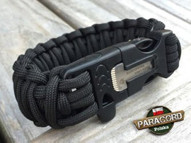 Bransoleta z Paracordu typ "King Cobra" na klamrze z wbudowanym gwizdkiem, krzesiwem i blachą, Kolor "Black"